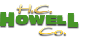 Logo with the text H.C. Howell Co. The words H.C. and Co. are in a yellow script font, while Howell is in bold, green uppercase letters. The background is light gray.